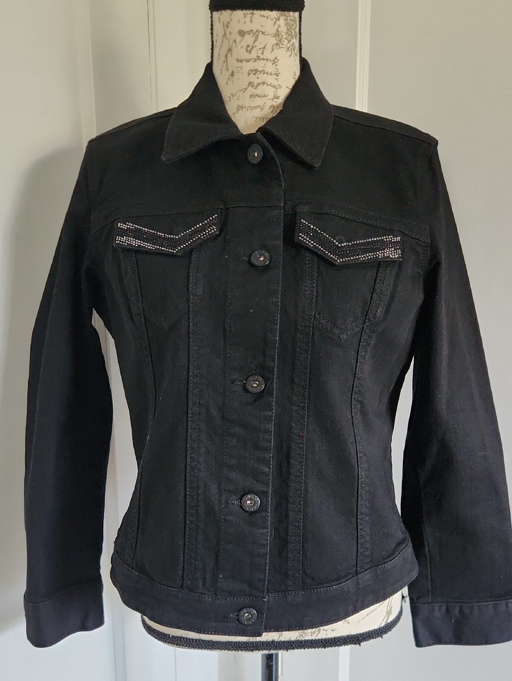 Chico's Black Denim Jacket with Studded Flap Pockets
